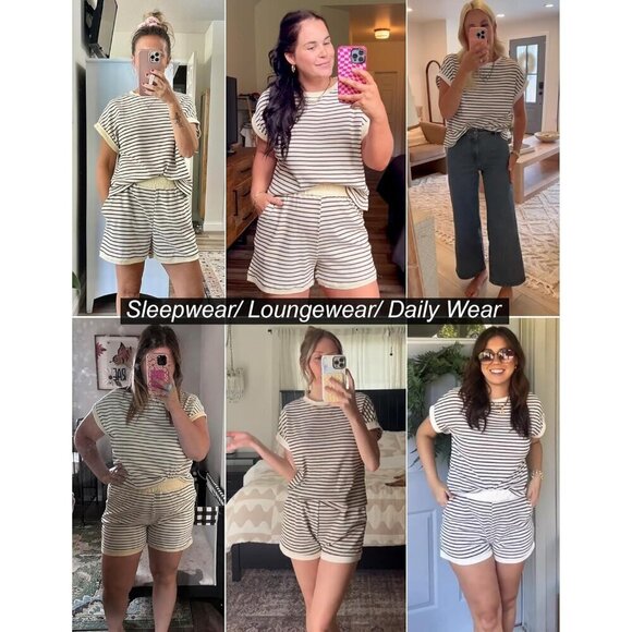 Women White Stripe Knit Lounge Set,Two Piece Set Matching Set Shorts Sleepwear - Picture 6 of 6